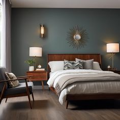 a bedroom with wood floors and blue walls