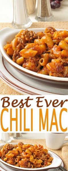 the best ever chilli mac recipe is shown on a white plate and in front of a