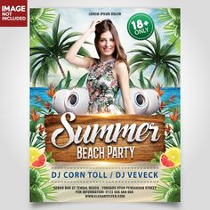 a summer beach party flyer with an image of a woman in a dress and palm trees