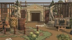 an artistic painting of barrels and statues in front of a gated entrance to a building