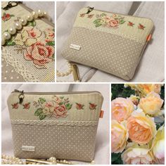 four different images of roses and pearls on fabric, including an old purse with lace