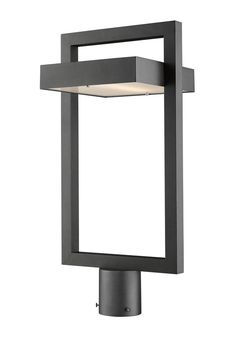 an outdoor post light with a square design on the top and bottom corner, in black