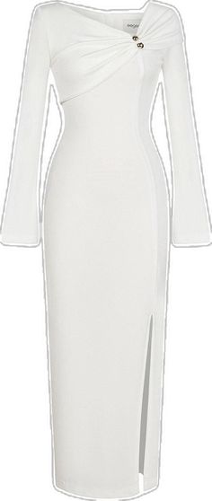 Elegant V-neck Dress With Split Design, Chic Longline Stretch Dress, Sleek Stretch Evening Midi Dress, Chic Stretch Longline Dress, Fitted Longline Maxi Dress For Date Night, Elegant White Longline Dresses, Fitted Longline Midi Dress For Date Night, Sleek White Bodycon Dress, Sleek White Fitted Dress