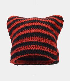 Colors: Red/Black Winter Headwear, Slouchy Beanie Hats, Cat Eared Beanie, Cat Beanie, Cute Beanies, Striped Cat, Beanie Hats For Women, Striped Beanies, Knitted Beanie