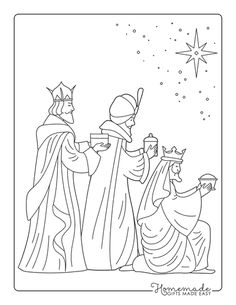 the nativity scene with three wise men, one holding a star and another looking at him