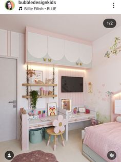 a bedroom with white furniture and pink decor on the walls, along with shelves that hold toys