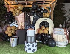 an outdoor area with balloons, wine barrels and other items on the grass in front of it