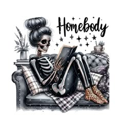 a skeleton sitting on top of a couch reading a book