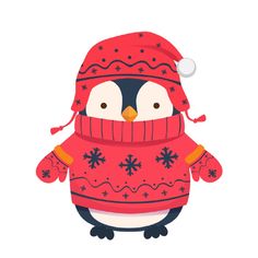 penguin wearing a red hat and scarf with snowflakes on its head, in the style