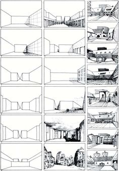 architectural drawings showing different sections of the building and surrounding buildings, including one with multiple levels