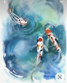 watercolor painting of two koi fish swimming in blue and green water with bubbles