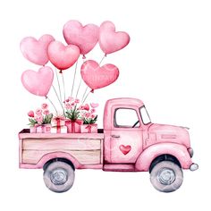 a watercolor painting of a pink truck with hearts on the back and flowers in the bed