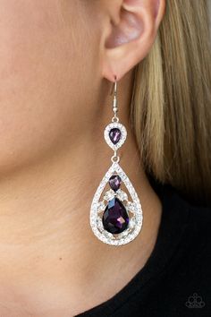 Three teardrop purple rhinestones adorn white rhinestone encrusted silver frames that link into an elegant teardrop lure for a flawless fashion. Earring attaches to a standard fishhook fitting.

 Sold as one pair of earrings. Dainty Band, Coil Bracelet, Purple Earrings, Silver Frames, Purple Rhinestone, Paparazzi Accessories, White Rhinestone, Affordable Jewelry, Paparazzi Jewelry