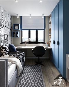 a living room filled with furniture next to a window covered in blue blinds and curtains