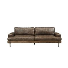 a brown leather couch sitting on top of a wooden frame