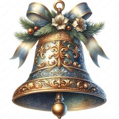 a christmas bell with holly and bells on it's side, decorated with bows