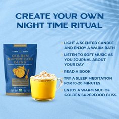 Unwind and set the tone for a peaceful night with a soothing bedtime routine. 🕯✨ With ingredients like turmeric, ginger, cinnamon, ashwagandha, and a nourishing mushroom blend, Golden Superfood Bliss helps you relax and promotes natural, restorative sleep. Create your perfect nighttime ritual and wake up feeling refreshed! 🌟