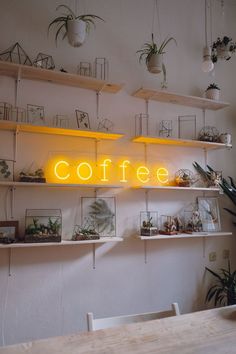 a coffee sign is lit up on the wall above some shelves filled with potted plants