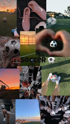 a collage of photos with soccer shoes and balls in the air, on grass