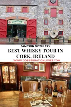 an old building with red shutters and the words best whisky tour in cork, ireland