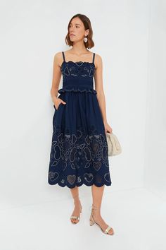 Navy Jeanetta Eyelet Sleeveless Dress | Sea New York Sleeveless Eyelet Dress For Spring, Sleeveless Cotton Eyelet Dresses, Sleeveless Cotton Embroidered Dress, Sleeveless Broderie Anglaise Summer Dresses, Sleeveless Broderie Anglaise Cotton Dress, Sleeveless Cotton Dress With Broderie Anglaise, Feminine Sleeveless Dress With Floral Embroidery, Summer Eyelet Dresses For Garden Party, Sleeveless Broderie Anglaise Dress For Garden Party