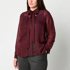 This chic semi-sheer women's blouse from Worthington is perfect for fall with its rich burgundy hue. It's made from a woven fabric with a bow tie neckline and lace panels for a feminine elegant touch. Wear it with jeans or trousers.Closure Type: ButtonFit: Regular FitNeckline: Collar NeckSleeve Length: Long SleeveSleeve Style: Cuffed SleeveApparel Length: 26.5 InchesFiber Content: 54% Rayon, 46% Tencel LyocellFabric Description: Plain WeaveCollar: Point CollarCare: Machine Wash, Line DryCountry Sheer Tops For Workwear In Fall, Sheer Long Sleeve Shirt For Fall, Burgundy Fall Workwear Shirt, Burgundy Shirt For Fall Workwear, Fall Burgundy Shirt For Work, Elegant Burgundy Fall Blouse, Chic Long Sleeve Burgundy Blouse, Burgundy Long Sleeve Shirt For Work, Chic Burgundy Long Sleeve Blouse