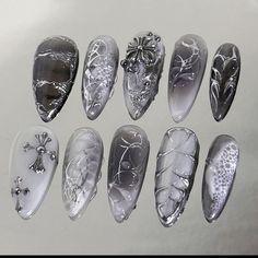 Futuristic Nails, Concert Nails, Silver Nail Designs, Cross Nails, Silver Nail Art, Chrome Nails Designs, Nails Chrome