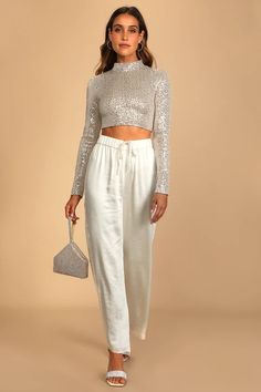 Silver Sequin Top - Long Sleeve Top - Crop Top - Women's Tops - Lulus Silver Sequin Top Outfit, Classy New Years Eve Outfit, Casual New Years Eve Outfits, Nye Party Dresses, Cute Going Out Outfits, New Year’s Eve Outfit, Silver Sequin Top, Cute Christmas Outfits, Casual Party Outfit