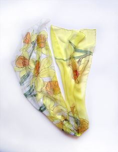 Yellow daffodils scarf. Floral silk chiffon scarf hand painted. Long scarf. Spring garden scarf. Bright scarf. Scarf silk painted. OOAK mom Transparent silk chiffon scarf with floral motives. Serti technique, Habotai silk, Spring celebrations. dimensions- 17 by 70 inches pure silk chiffon. Recommended hand washing only, in cold water. MADE TO ORDER listing another floral scarves you can see here: https://www.etsy.com/shop/klaradar/search?search_query=floral&order=date_desc&view_type=gall Yellow Artistic Silk Scarf For Spring, Artistic Yellow Silk Scarf For Spring, Artistic Hand Painted Silk Scarf For Spring, Artistic Hand Painted Scarves For Spring, Yellow Silk Scarves For Spring, Yellow Silk Scarf For Spring, Yellow Silk Scarf For Spring Gift, Painting Mothers Day, Bright Scarf