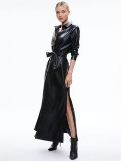 Chassidy Vegan Leather Maxi Shirt Dress In Black Pink Denim Skirt, Vegan Dressing, Button Outfit, Maxi Shirts, Blazer And Skirt, Alice And Olivia, Maxi Shirt Dress, Sweaters And Leggings, Black Shirt Dress