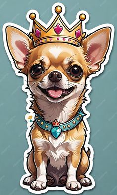 a dog with a crown on it's head sitting in front of a blue background