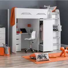 a white loft bed with desk and drawers in a room that has hardwood flooring