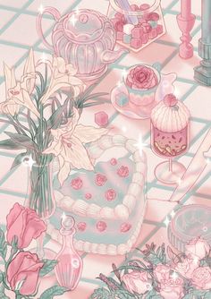 a table with pink flowers, candles and other items on it's surface in pastel colors