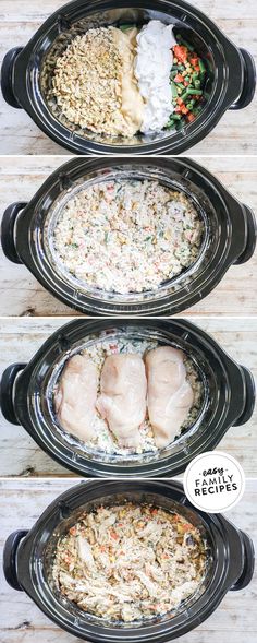 four crock pot meals with chicken and rice in them