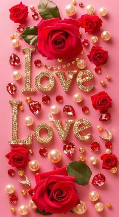 red roses and pearls are arranged in the shape of letters that spell out love on a pink background