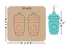 a pair of wooden earrings with the measurements for each item in front of it and an image of a coffee cup