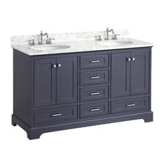 a double sink vanity with marble top and two faucets on each side,