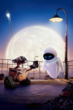 an advertisement for wall - e is shown in front of a full moon and a street light