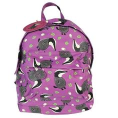 a purple backpack with black and white animals on it