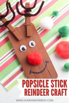 popsicle stick reindeer craft with text overlay that says how to make popsicle stick reindeer