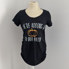 We're Adding A Pumpkin To Or Patch Maternity Shirt. Worn Once. Basically Brand New. Maternity Black Cotton T-shirt, Black Short Sleeve Maternity Top, Black Maternity T-shirt Crew Neck, Announcement Ideas, Pregnancy Announcements, Black Floral Top, Maternity Shirt, Pregnancy Announcement Shirt, Maternity Tees