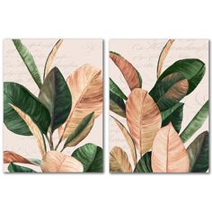 two paintings with leaves on them, one is pink and the other is green in color