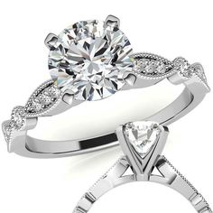 two wedding rings with diamond accents on each side and an engagement ring in the middle