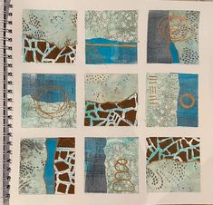 a notebook with several different designs on it, including blue and brown squares in the middle