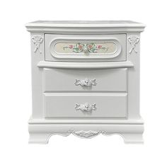 a white dresser with flowers painted on the side and drawers in different sizes, colors and shapes