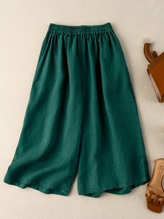 Fabric Name: LinenStyle: Casual,CommuteClothes Type: PantsEdition Type: LoosenPants Type: Wide LegPants Length: CroppedOccasion: DailyDecoration: Solid ColorTheme: Spring,Summer,Fall,WinterPlease Note: All Dimensions Are Measured Manually With A Deviation Of 1 To 3cm. Green Solid Wide-leg Pants, Green Relaxed Fit Wide-leg Pants, Loosely Fitted Green Wide Leg Pants For Fall, Loosely Fitted Green Bottoms, Green Solid Color Wide-leg Pants, Green Relaxed Fit Bottoms For Fall, Relaxed Fit Green Bottoms For Fall, Green Relaxed Fit Ankle-length Pants, Baggy Green Wide Leg Pants With Elastic Waistband