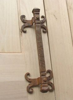 an old iron door handle on a wooden door