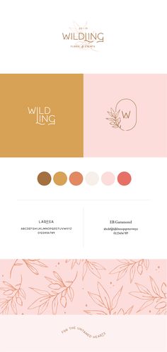 the website design for wilding is shown in pink, gold and white colors with leaves on