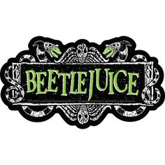 the beetlejuice logo is shown in green and black on a white background, with an ornate border around it