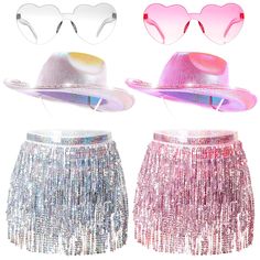 three different styles of sequin skirts with hats, sunglasses and glasses on the top